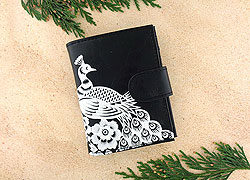 LAVISHY Akina collection wholesale fun vegan peacock & peony flower embossed medium wallets to gift shop, clothing & fashion accessories boutique, book store in Canada, USA & worldwide since 2001.