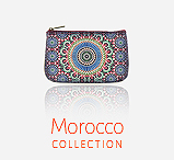 Mlavi Morocco collection wholesale fashion bags, wallets, wristlets, coin purses, pouches with Moroccan textil and tile pattern illustration prints to gift shop, clothing & fashion accessories boutique, book store, souvenir shops worldwide.