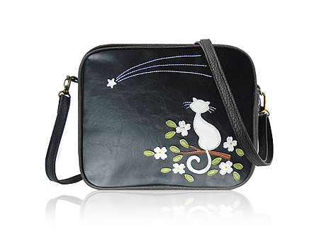 LAVISHY Adora collection wholesale fun & Eco-friendly Cat under shooting star applique vegan applique crossbody bags to gift shops, clothing & fashion accessories boutiques, book stores in Canada, USA & worldwide since 2001.