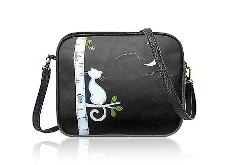 LAVISHY Adora collection wholesale fun & Eco-friendly Cat under the moon applique vegan applique crossbody bags to gift shops, clothing & fashion accessories boutiques, book stores in Canada, USA & worldwide since 2001.