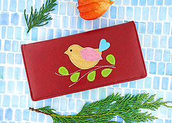 LAVISHY design & wholesale fun Eco-friendly vegan colorful bird applique large wallets to gift shops, clothing & fashion accessories boutiques, book stores & specialty retailers