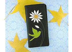 LAVISHY design & wholesale fun Eco-friendly vegan bird & daisy flower applique large wallets to gift shops, clothing & fashion accessories boutiques, book stores & specialty retailers