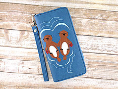 LAVISHY design & wholesale fun Eco-friendly vegan sea otter lovers holding hands applique wristlet wallets to gift shops, clothing & fashion accessories boutiques, book stores & specialty retailers