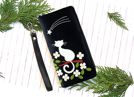 LAVISHY Adora collection wholesale cat in flower brush under shooting star applique vegan large wristlet wallets to gift shop, clothing & fashion accessories boutique, book store in Canada, USA & worldwide since 2001.