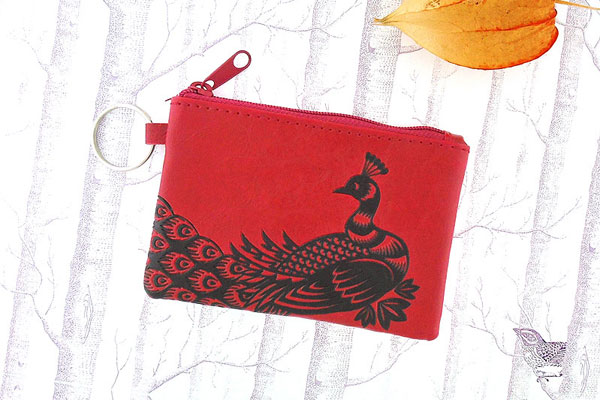 LAVISHY Akina collection wholesale fun vegan peacock & peony flower embossed coin purses to gift shop, clothing & fashion accessories boutique, book store in Canada, USA & worldwide since 2001.