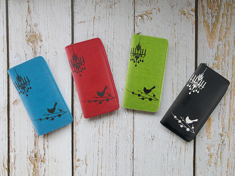 LAVISHY design & wholesale unique, beautiful & affordable Eco-friendly embossed bird & chandelier large zipper closure wallets