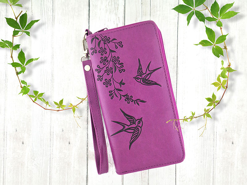 LAVISHY design & wholesale unique, beautiful & affordable Eco-friendly embossed swallow birds & cherry blossom flowerl large wristlet wallets