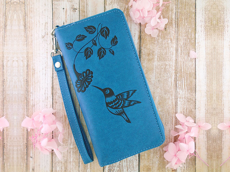 LAVISHY design & wholesale unique, beautiful & affordable Eco-friendly embossed hummingbird & fuchsia flower large wristlet wallets