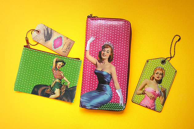 lavishy design & wholesale retro pin up girl themed vegan wristlets, coin purses and luggage tags