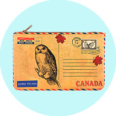 LAVISHY wholesale vegan medium pouches with vintage style prints of Canadian animals and birds to gift shop, clothing & fashion accessories boutique, book store in Canada, USA & worldwide.