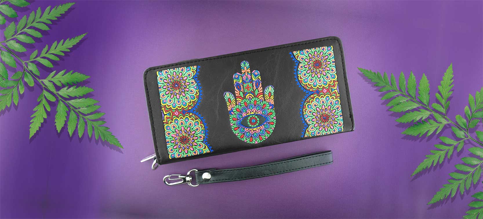 LAVISHY Elma collection wholesale Hamsa/ hand of Fatima Embroidered Vegan Wristlet Wallet to gift shops, boutiques & book stores in Canada, USA and worldwide.