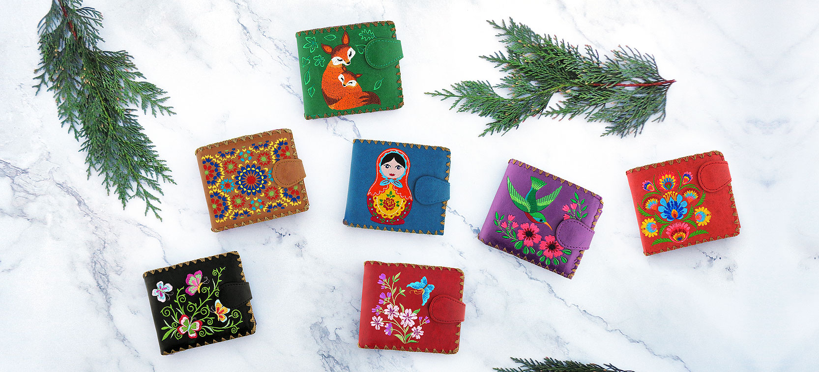 LAVISHY Elma collection design & wholesale embroidered medium wallets to gift shops, boutiques & book stores in Canada, USA and worldwide.