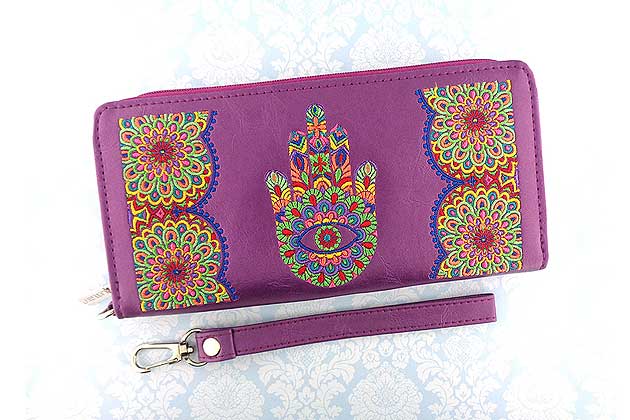 lavishy design & wholesale black color Indian Hamsa/ hand of Fatima Embroidered Vegan Wristlet Wallets