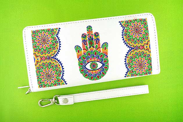 lavishy design & wholesale white color Indian Hamsa/ hand of Fatima Embroidered Vegan Wristlet Wallets