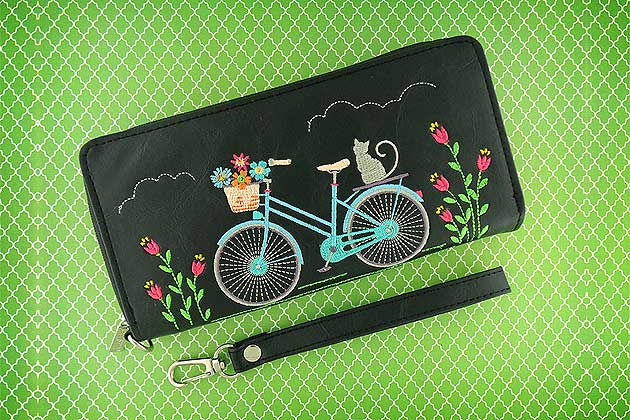 lavishy design & wholesale black color Cat On Bicycle Embroidered Vegan Wristlet Wallets
