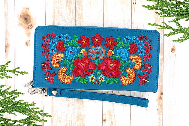 lavishy design & wholesale blue color Mexican Flora Embroidered Vegan Wristlet Wallets
