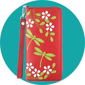 LAVISHY wholesale dragonfly themed fashion bags & accessories including this dragonfly applique wristlet wallet