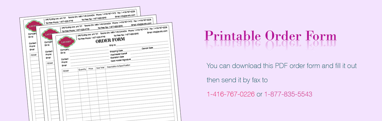 LAVISHY printable pdf order form. Place your wholesale order via fax.